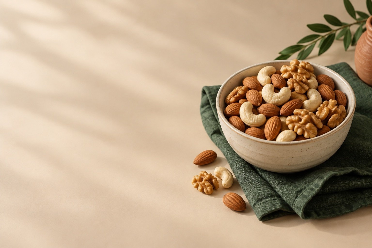 Almonds, cashews and walnuts in a ceramic bowl