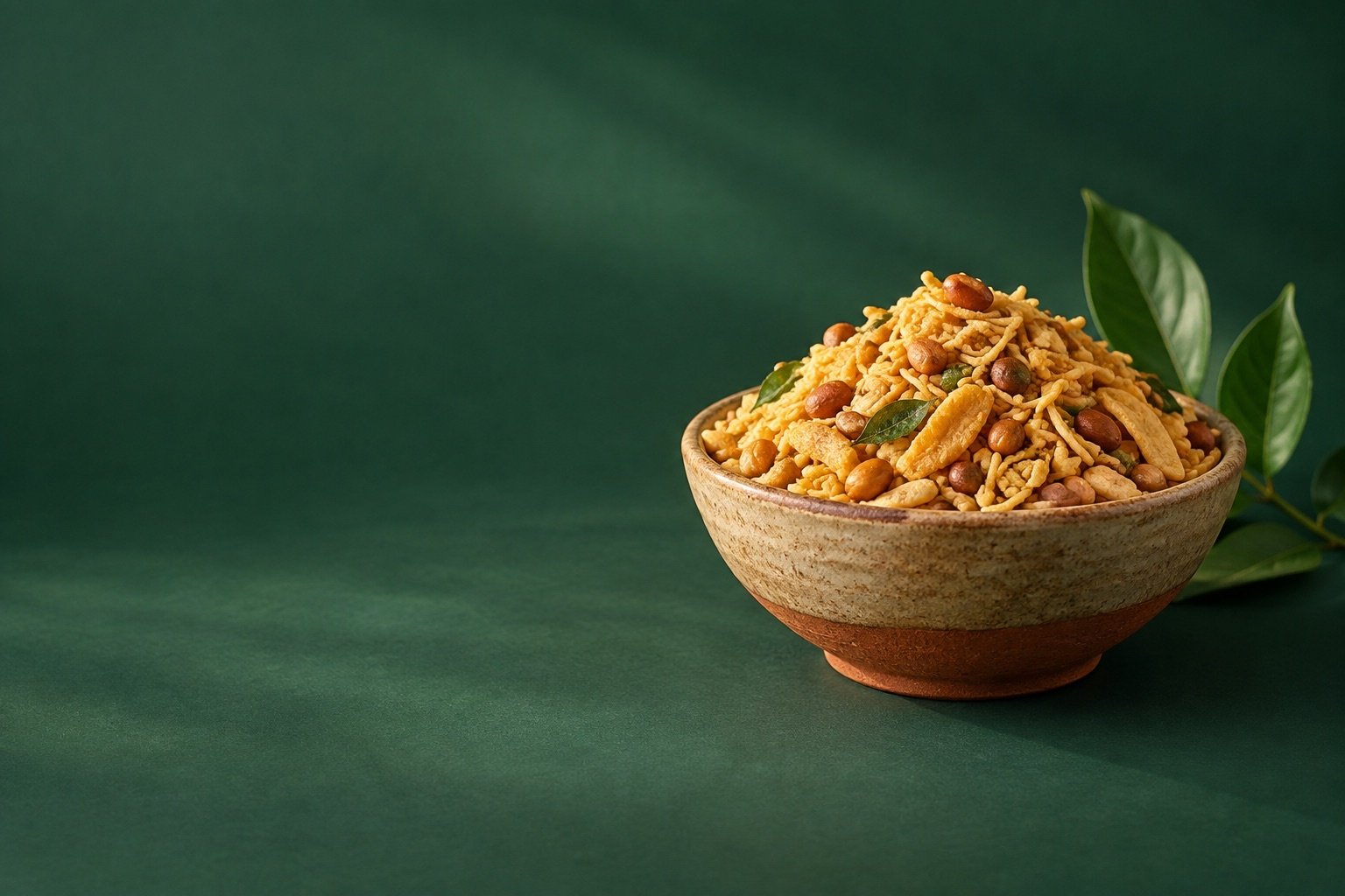 Golden Indian snack mix in an artisan bowl
