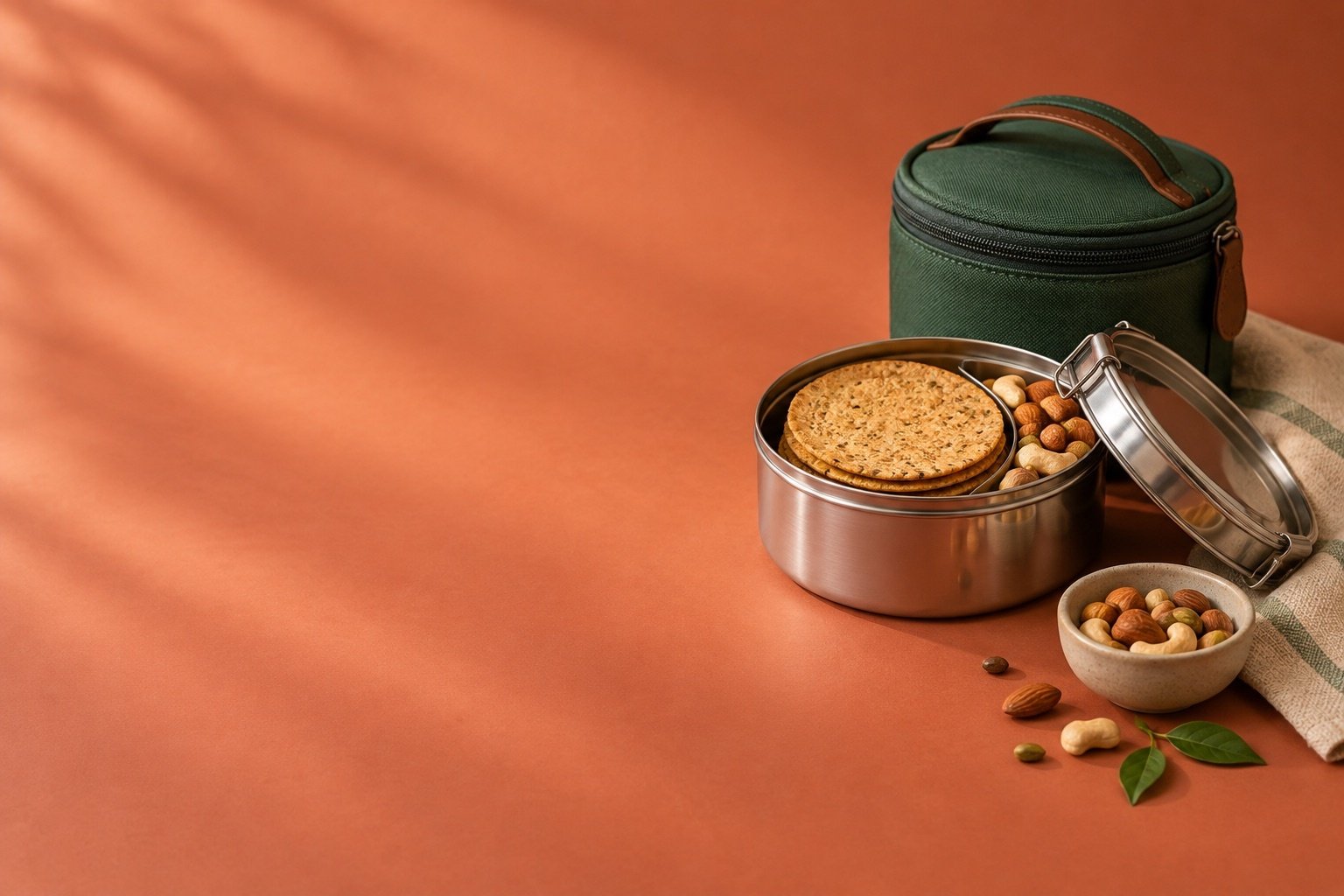 Khakhra and nuts packed in a travel tiffin