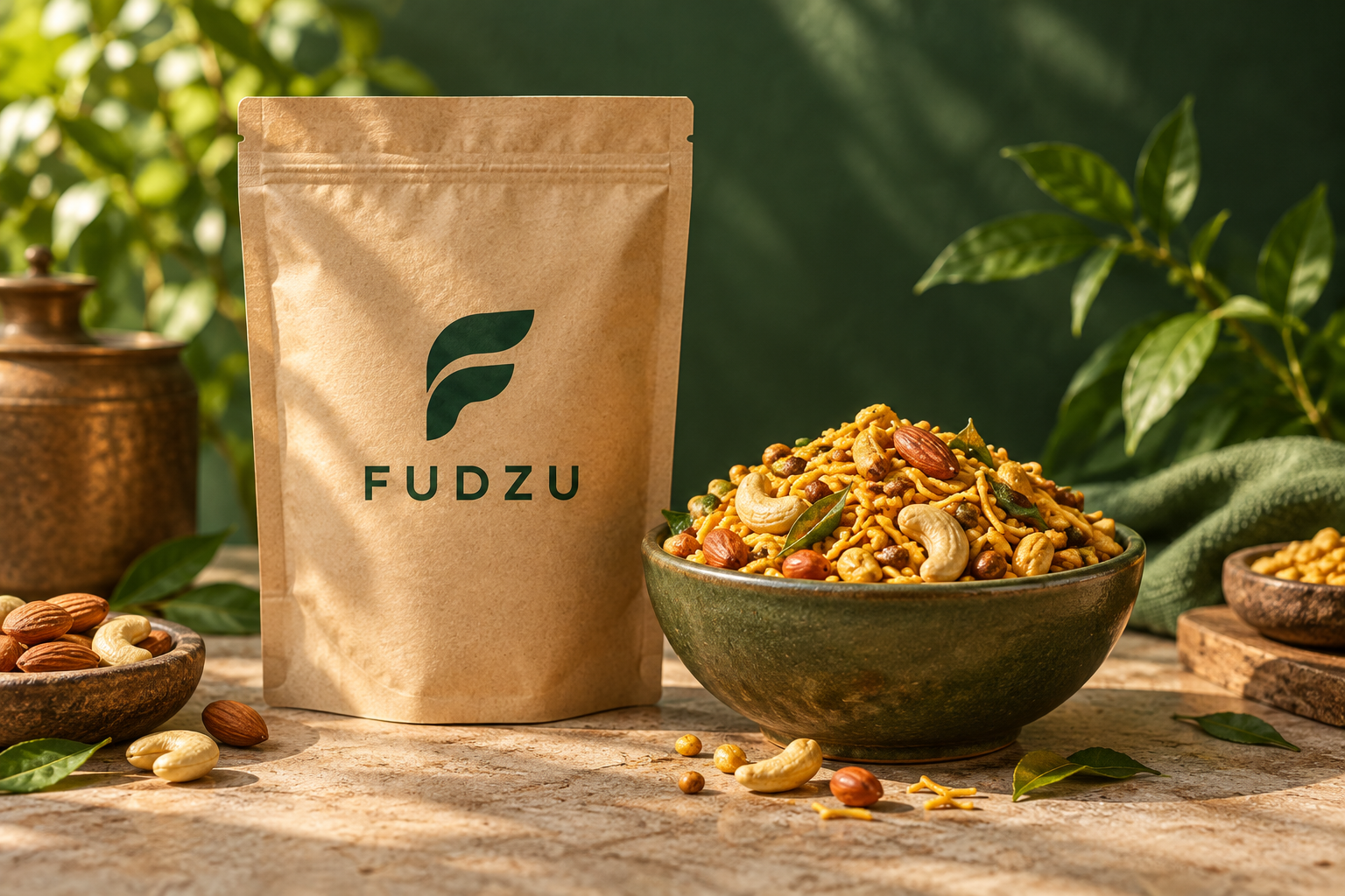 Fudzu kraft pouch and golden vegetarian snacks in a sunlit pantry